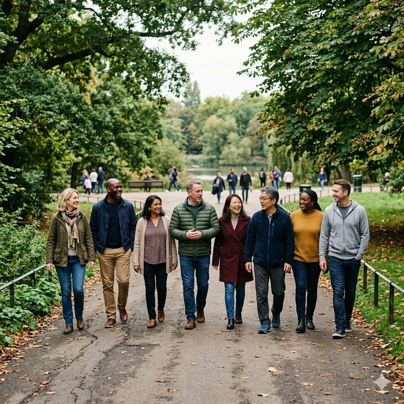 A diverse group walking together in a park