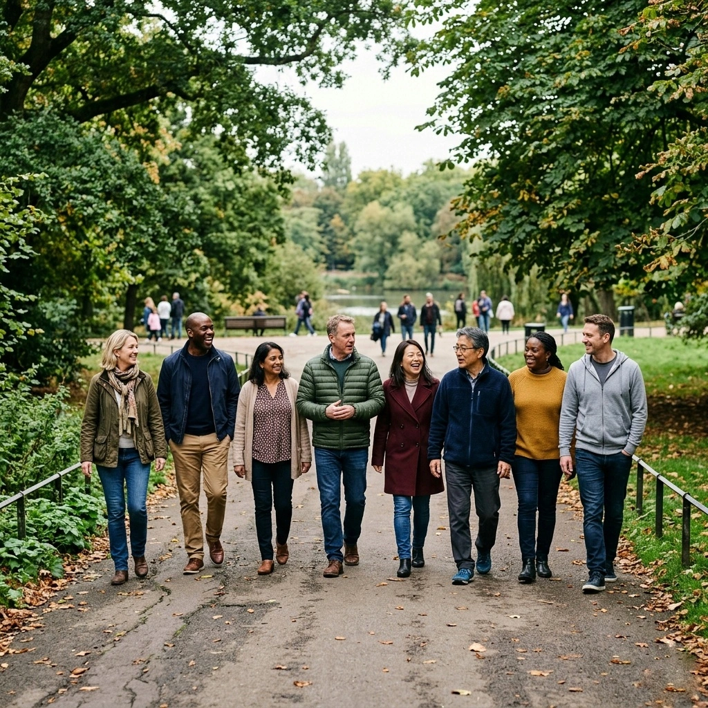 A diverse community group walking together in an Isleworth park